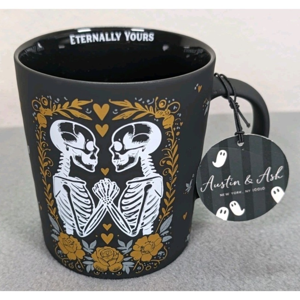 Austin & Ash 18 oz Mug Skeletons Love Goth Halloween Ceramic Black White Gold